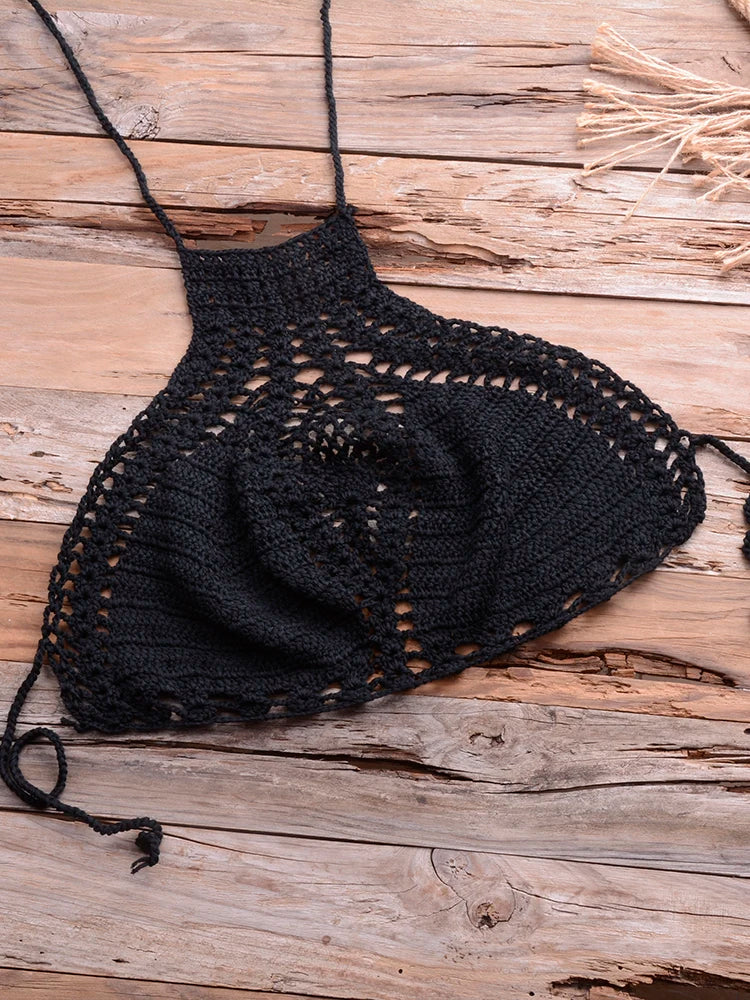 Sexy Crochet Bikinis Sets Handmade Knitted Cotton Swimwear Swimsuit Top + Bottom Bandage Women Sexy Beachwear Biquinis