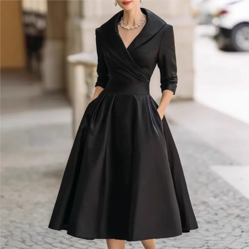 Elegant Solid Color Waist Cinching Sexy V-neck Dress Autumn Winter Women's Clothing New Long Sleeved Dress Pockets Ropa Mujer
