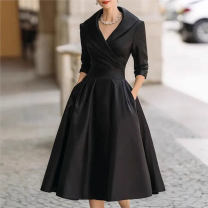 Elegant Solid Color Waist Cinching Sexy V-neck Dress Autumn Winter Women's Clothing New Long Sleeved Dress Pockets Ropa Mujer