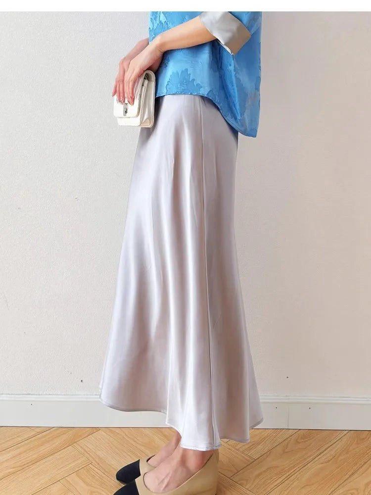 TAJIYANE 93% Natural Mulberry Silk Skirt Fashion Summer Satin Mermaid Skirt 21 Mommes elegant Long Skirt Woman Clothing 2025 스커트