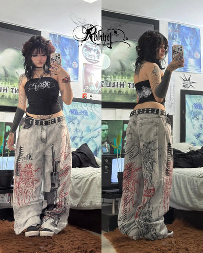 New Cyberpunk Jeans Mens American Y2K Red Graphic Street Goth Baggy Wide-Leg Pants Harajuku Hip-Hop Straight Pants