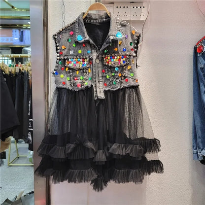Women Rainbow Color Diamonds Beaded Mesh Ruffles Splice Jeans Jacket Multi-layers Mesh Rhinestone Denim Vests Cardigan Tank Tops