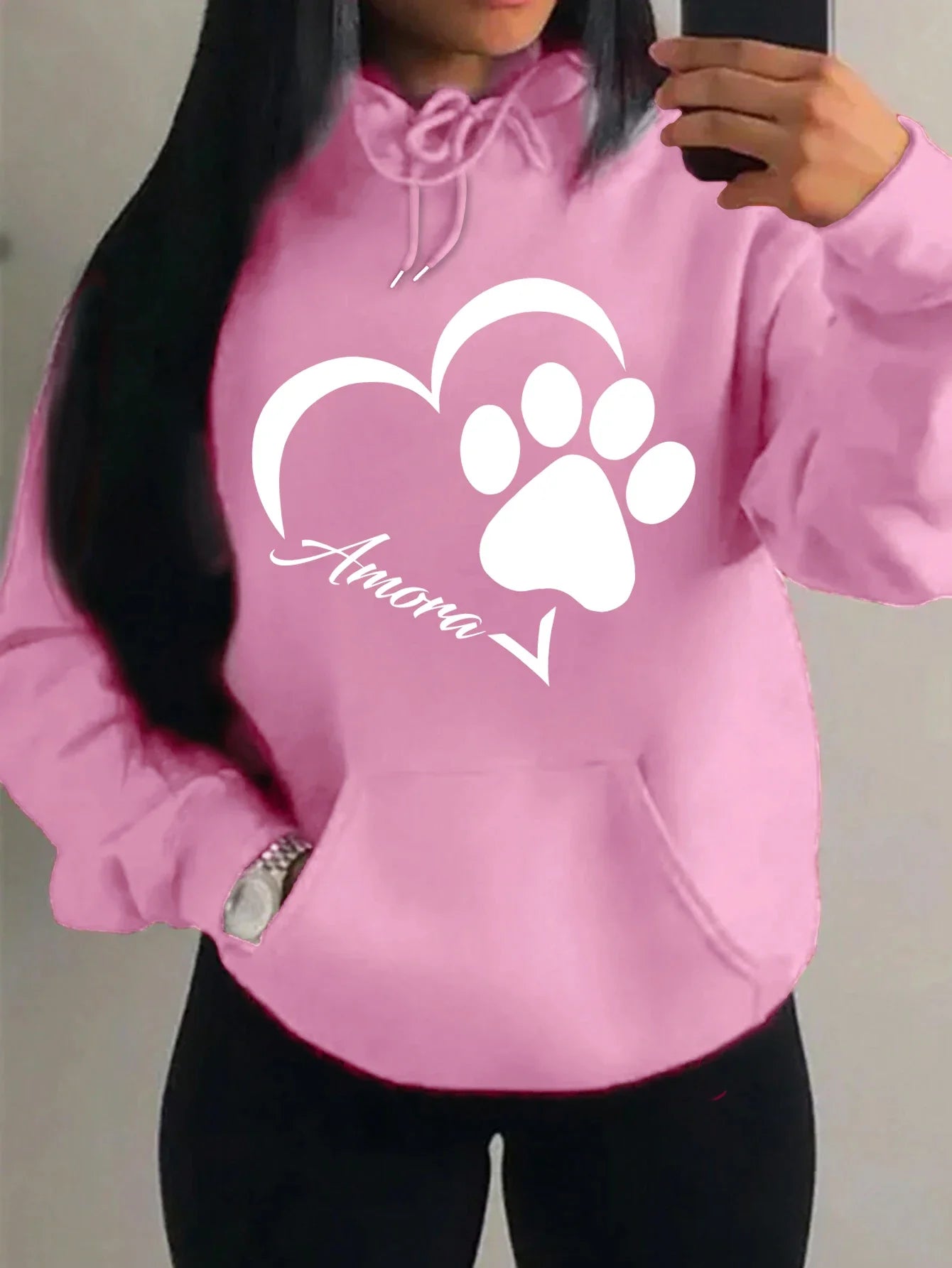 Love And Little Cat Foot Creative Print Women Hoody Fashion Autumn Sweatshirt Pocket Hoodie Sport Style Comfortable Pullover