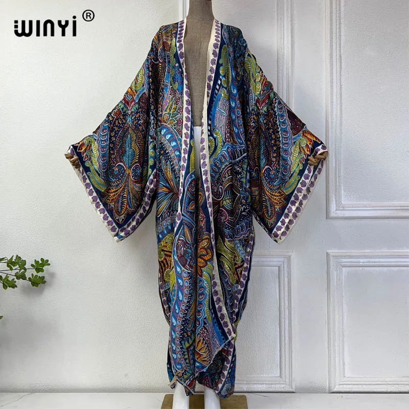 WINYI Classic bohemian beach cover up Swim Suit elegant African women boho Cardigan sexy Holiday long Sleeve Kimono beach dress