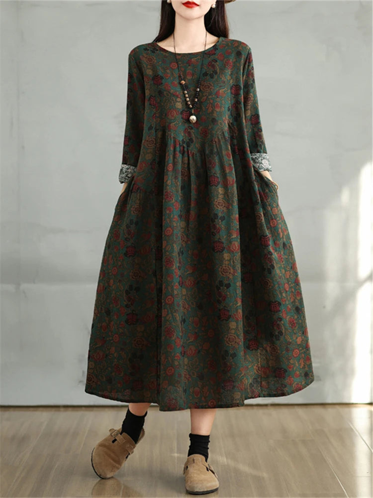 Cotton Vintage Print Floral Dresses 2025 Women Spring Autumn Casual Loose Long Sleeve Dress Femme Robe Vestidos Elegant Clothing