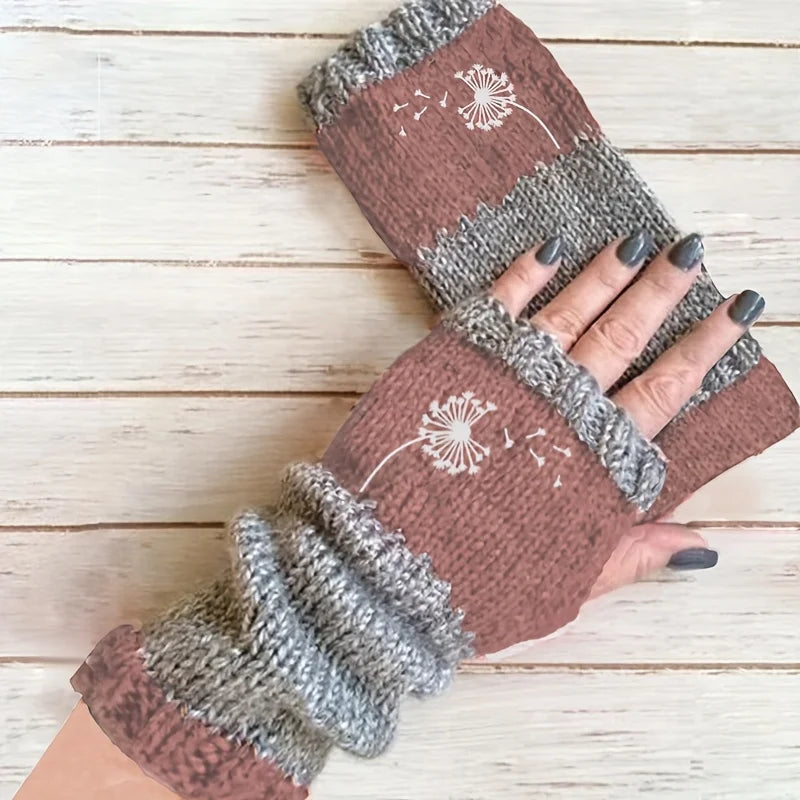 Winter gloves, dandelion embroidered mitten gloves, retro outdoor-style fingerless gloves, women's warm gloves, thickened gloves