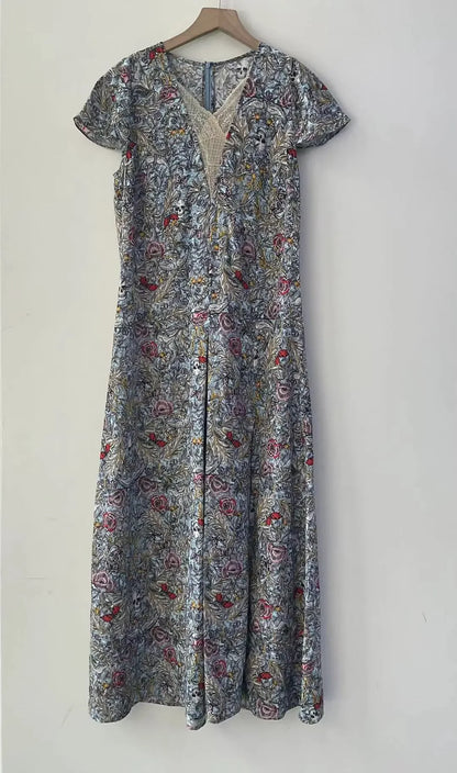 100% Viscose Long Dress Women Slit Floral Skull Wings Printed Elastic High Waist V-neck Lady Long Sleeve Dress 2025 Spring