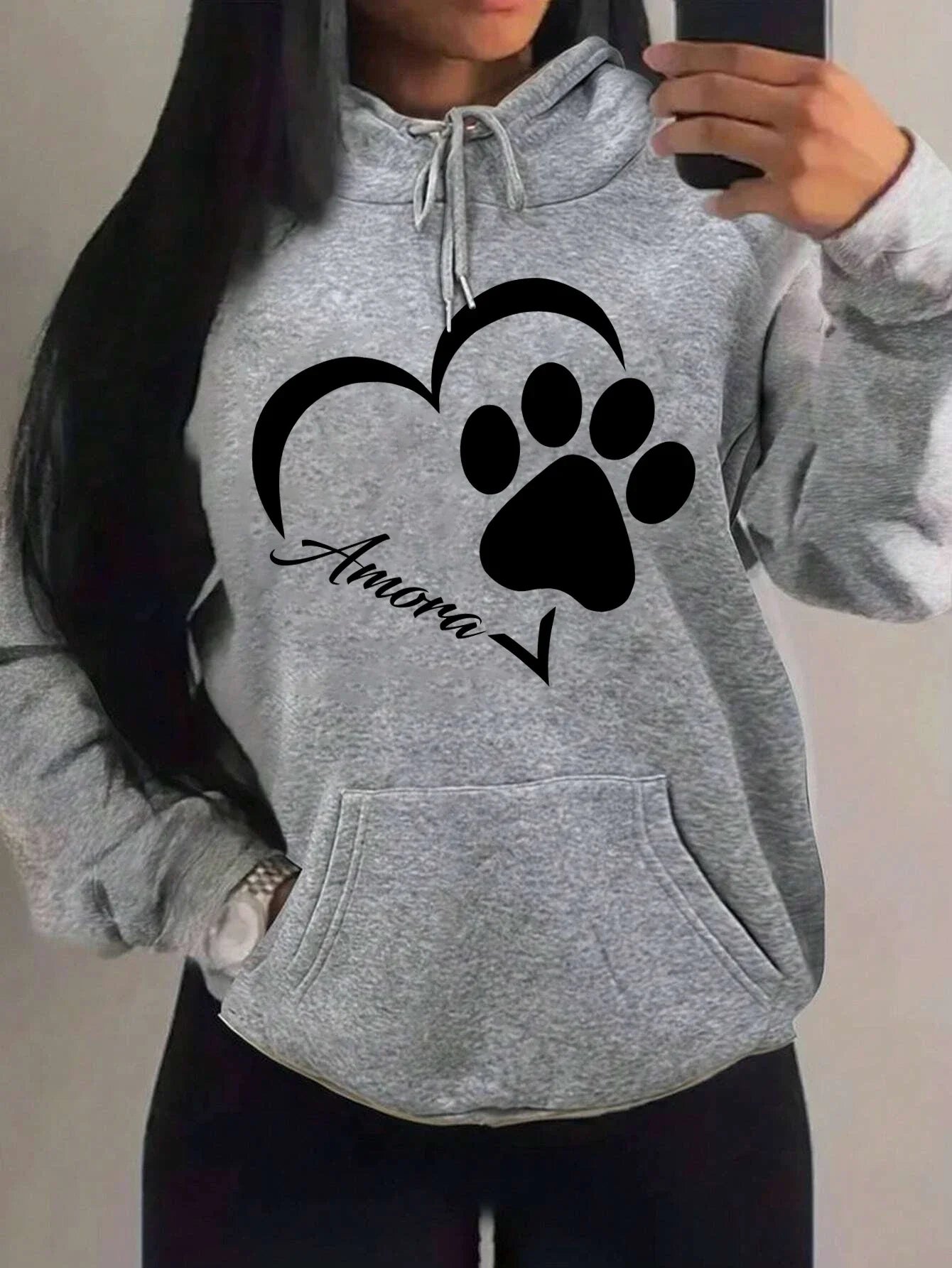 Love And Little Cat Foot Creative Print Women Hoody Fashion Autumn Sweatshirt Pocket Hoodie Sport Style Comfortable Pullover