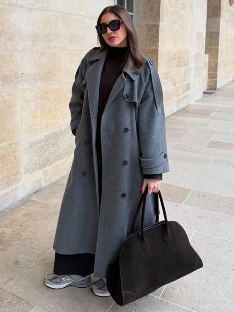 Street Women's Woolen Overcoat With Belt Loose Lapel Double Breasted Full Sleeve Long Coats 2025 Autumn Winter Lady Trench Coat