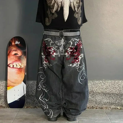 Retro British style print design sense patchwork rolled edge jeans high street casual loose wide-leg straight sports trousers