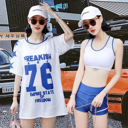 Swimsuit Women Split 3 Piece Set Korean Cartoon Print Cover Up Sport Boxer Shorts Tank Top Mesh Jersey Sun-proof Beach Swimwear