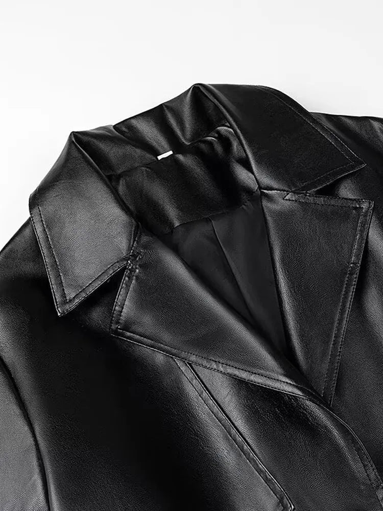 Vintage Pu Leather Extra Long Trench Coat Women Lapel Single-breasted Overcoat With Belt 2025 New Autumn Winter Lady  Outwear