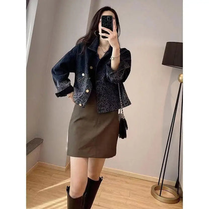 Autumn Winter Streetwear Vintage Leopard Print Denim Coat Ladies Harajuku Y2K Casual Fashion All-match Jacket Women Outwear Top