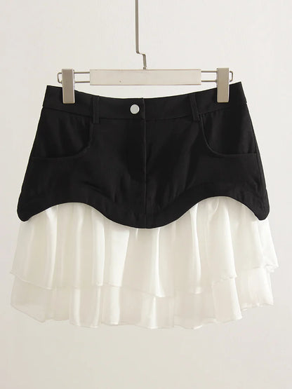 Summer White Patchwork Ruffled Skirts Mini For Women High Waist A Line Flounce Skirt Ladies Pleated Mini Skirts Chiffon Women