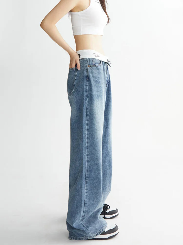 HOUZHOU Vintage Y2k Jeans Women Baggy Kpop Gyaru Streetwear Wide Blue Denim Pants Harajuku Korean Acubi Fashion High Waist Jeans