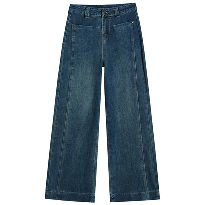 High Street Fashion Stretch Denim Wide-leg Pants, Women's Spring and Autumn New High-waisted Narrow Version Straight Leg Jeans