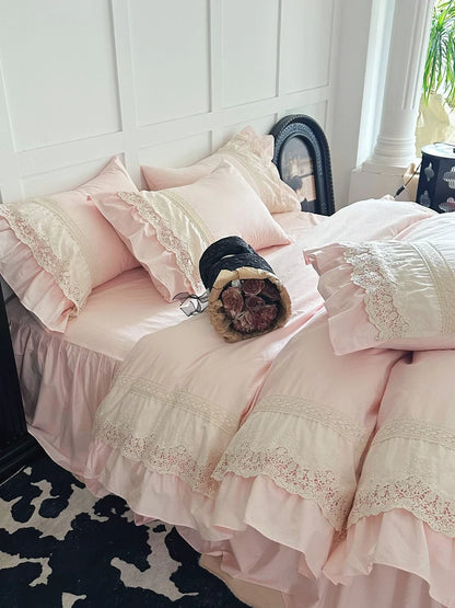 Princ Sle Pure Cotton Pink Bedding Set with Lace s Waed Cotton Duvet Cover eet And Bed Skirt Four Piece Set