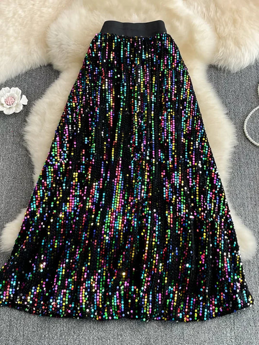 Spring Autumn Korean Sle High Waist Slimming Midi Length Knee-Over A-Line Skirt Faionable Elastic Waist iny Sequins Ful...