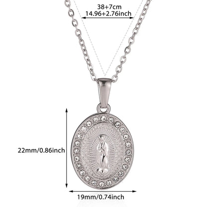 Virgin Mary Pendant With Diamonds Necklace For Women Gold Color Medal Charm Stainless Steel Religious Punk Jewelry Easter Gift