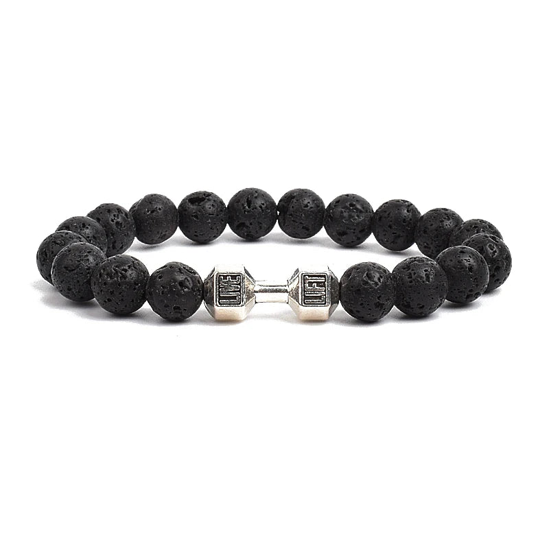 Dumbbells For Men Beads Bracelet Natural Black Volcanic Lava Stone Energy Barbell Fashion Bracelets Bangles Handmade Jewelry