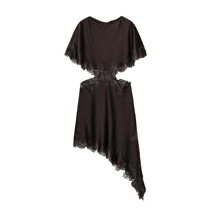 Elegant Satin Spliced Lace Long Dress Women Hollow Out O-neck Short Sleeve Asymmetric Dresses 2026 Spring Lady Chic Party Robes