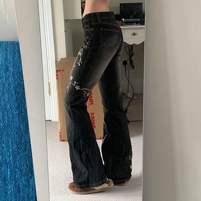 Floral Embroidery Jeans Women Y2K Streetwear Baggy Denim Pants Vintage 2000S Low Rise Flared Jeans Female High Street Trousers