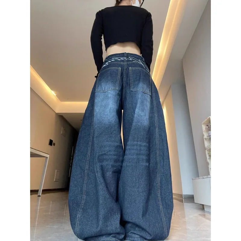 Womens Jeans High Waist Vintage Design Hip Hop Straight Baggy Denim Pants Street Y2K American Style Wide Leg Denim Trouser