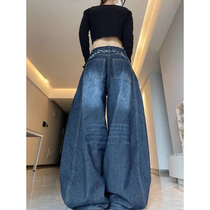 Womens Jeans High Waist Vintage Design Hip Hop Straight Baggy Denim Pants Street Y2K American Style Wide Leg Denim Trouser