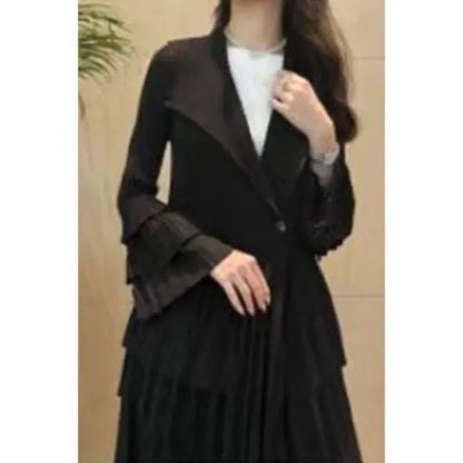 YUDX Miyake Pleated Spliced Ruffles Trench Coat Women Lapel Full Flare Sleeve Single Button Solid Color New 2025 Outwear Tops