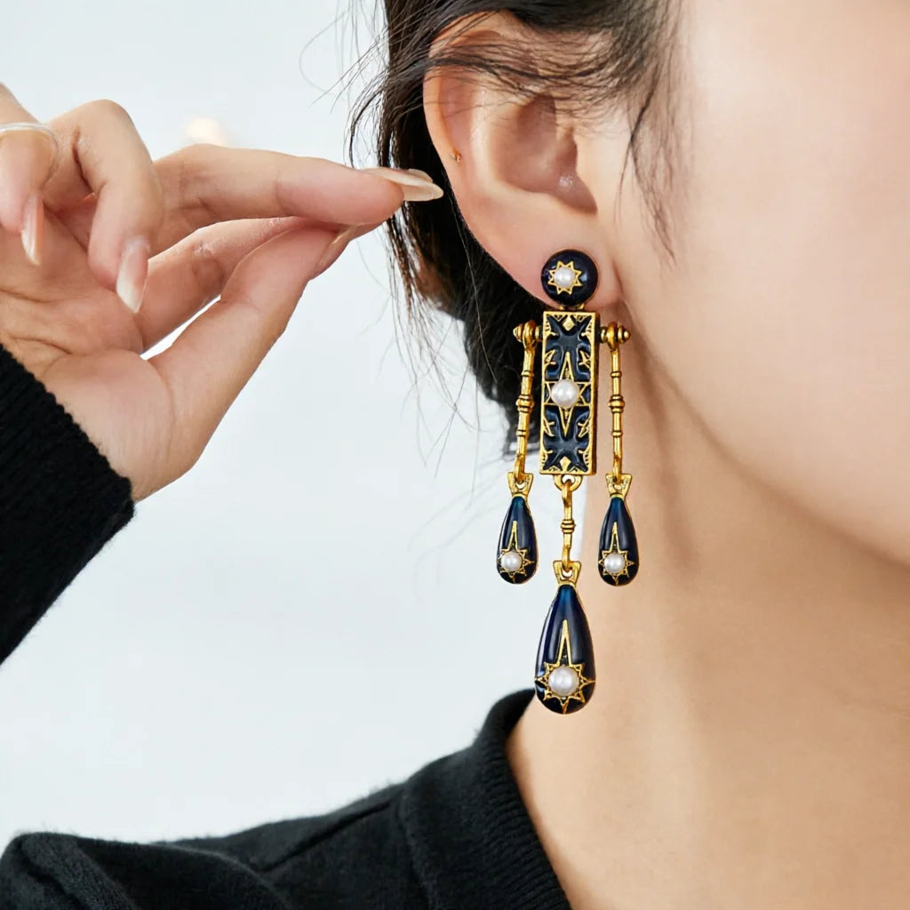 Bohemian Blue Drip Glaze Tassel Earrings Vintage Retro High-End Sensation Daily Commute Ear Jewelry Women's Fashion Accessories
