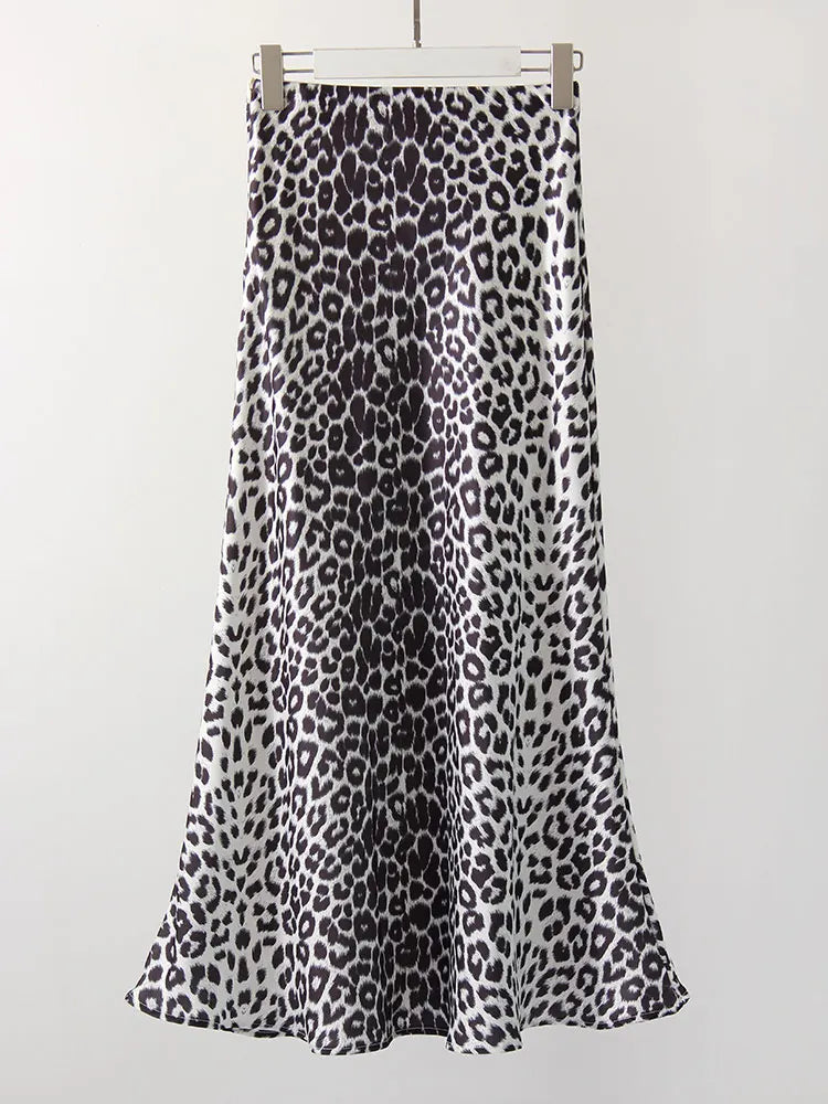 Long Leopard Print Skirts Women Satin Summer Office Elegant Maxi Zipper Skirt Satin Silk Fashion Fishtail Skirt Women Summer
