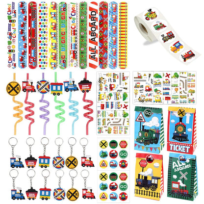 Train Party Supplies Drinking Straws Temporary Tattoos Keychains Slap Bracelets Stickers Goodie Bag Transportation Birthday Gift
