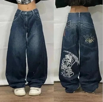 Europe and The United States Diablo Cropped Jeans Women New High Street in Summer To Do Old Creases Patch Wide Leg Pants Unisex