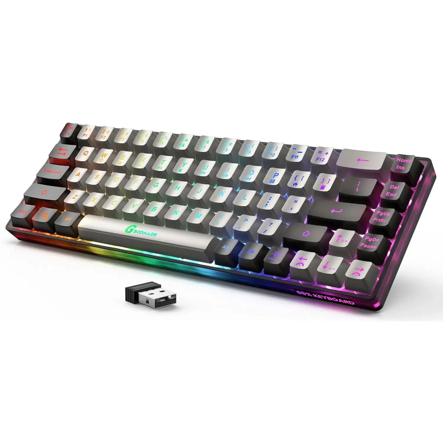 GEODMAER Wireless Gaming Keyboard Rechargeable Backlit Gaming Keyboard 68 Keys English/Spanish Layout 2.4G Keyboard for PC