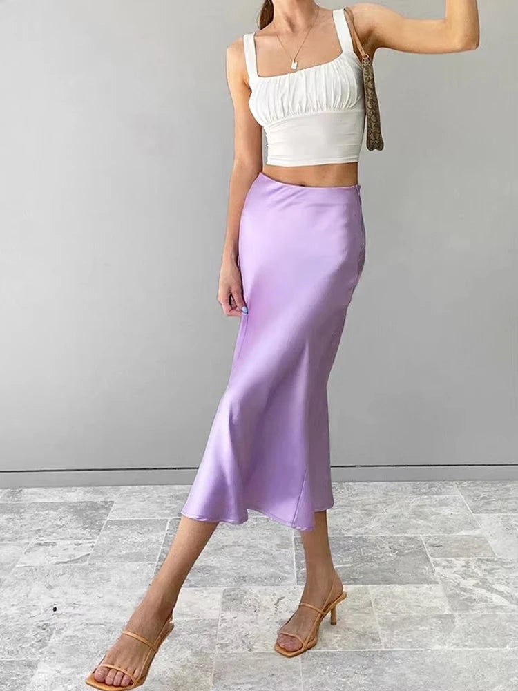 Silk Satin Skirts for Women Korean Style Champagne Office High Waist A-line Skirt Fashion Elegant Solid Long Pencil Skirt 2025