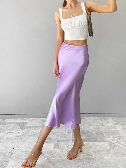 Silk Satin Skirts for Women Korean Style Champagne Office High Waist A-line Skirt Fashion Elegant Solid Long Pencil Skirt 2025