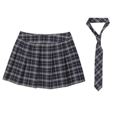 Women Japanese Schoolgirls Role Play Uniforms Zipper Plaid Pleated Mini Skirt Necktie Set Sexy Schoolgirls Skirt Cosplay Costume
