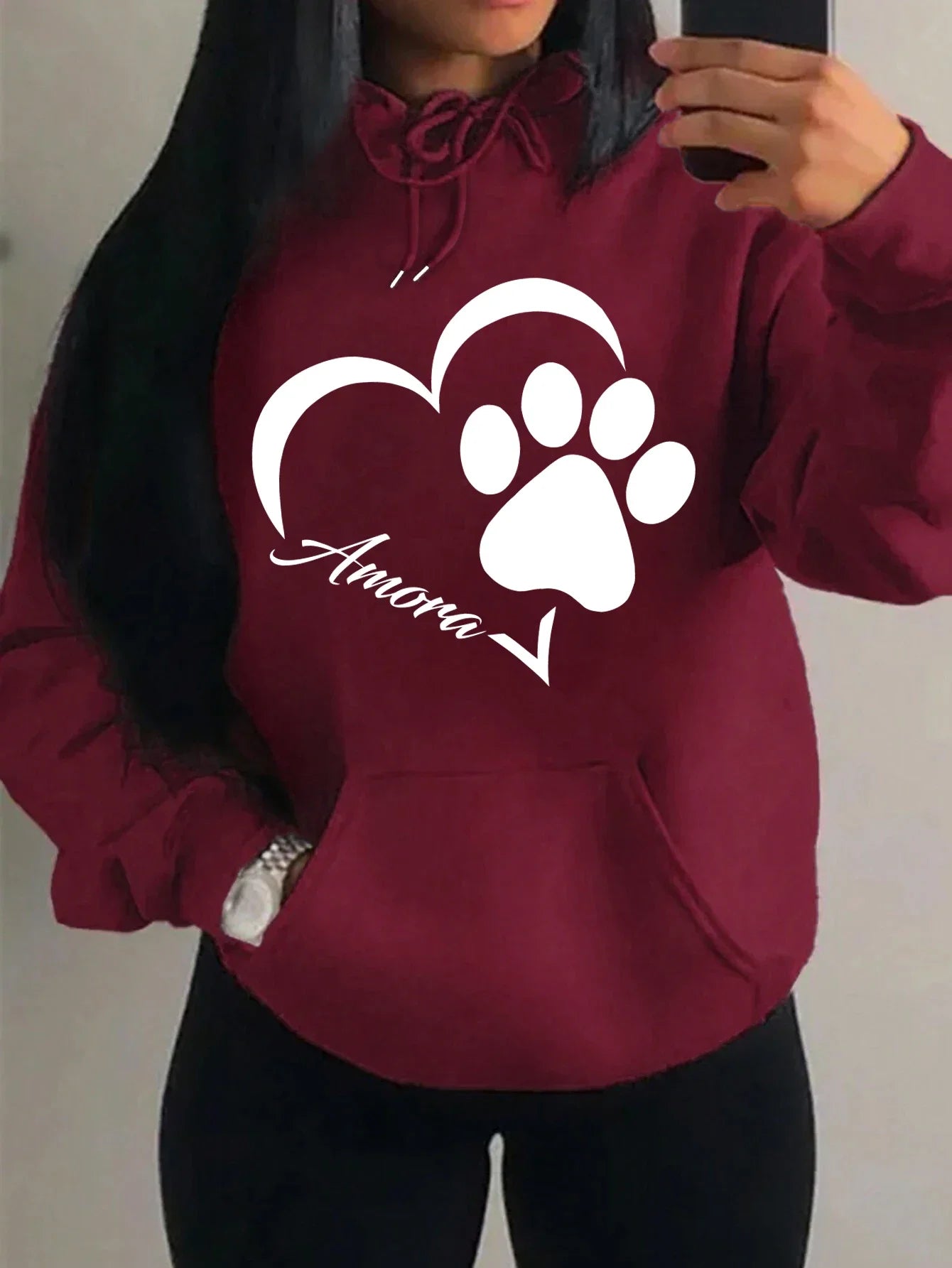 Love And Little Cat Foot Creative Print Women Hoody Fashion Autumn Sweatshirt Pocket Hoodie Sport Style Comfortable Pullover
