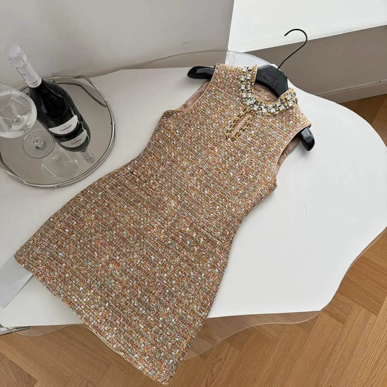 Retro 2024 Autumn Winter New Brown Diamond Woolen Sleeveless Mini Dress Women Round Neck Elegant Short Tweed Dress Popular Trend
