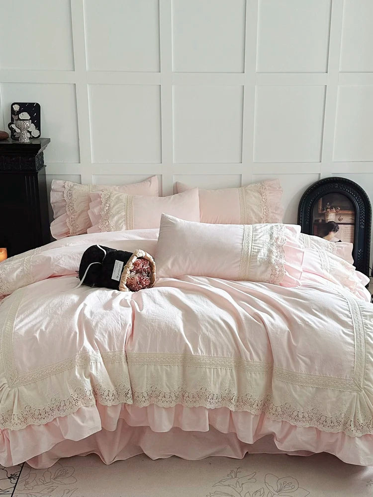 Princ Sle Pure Cotton Pink Bedding Set with Lace s Waed Cotton Duvet Cover eet And Bed Skirt Four Piece Set