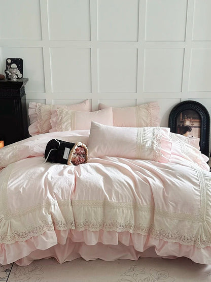 Princ Sle Pure Cotton Pink Bedding Set with Lace s Waed Cotton Duvet Cover eet And Bed Skirt Four Piece Set