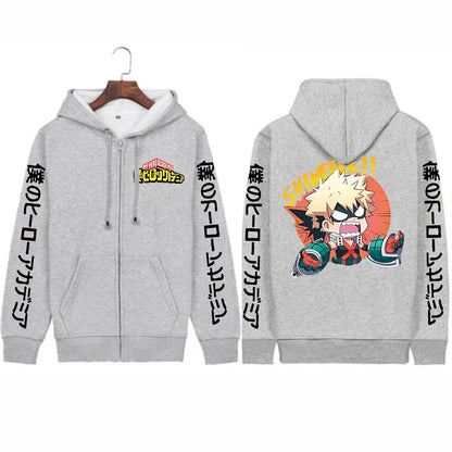 Japan Anime My Hero Academia Unisex Black Long Sleeve Zipper Hoodies Funny Katsuki Bakugou Cartoon Casual Men Winter Coats