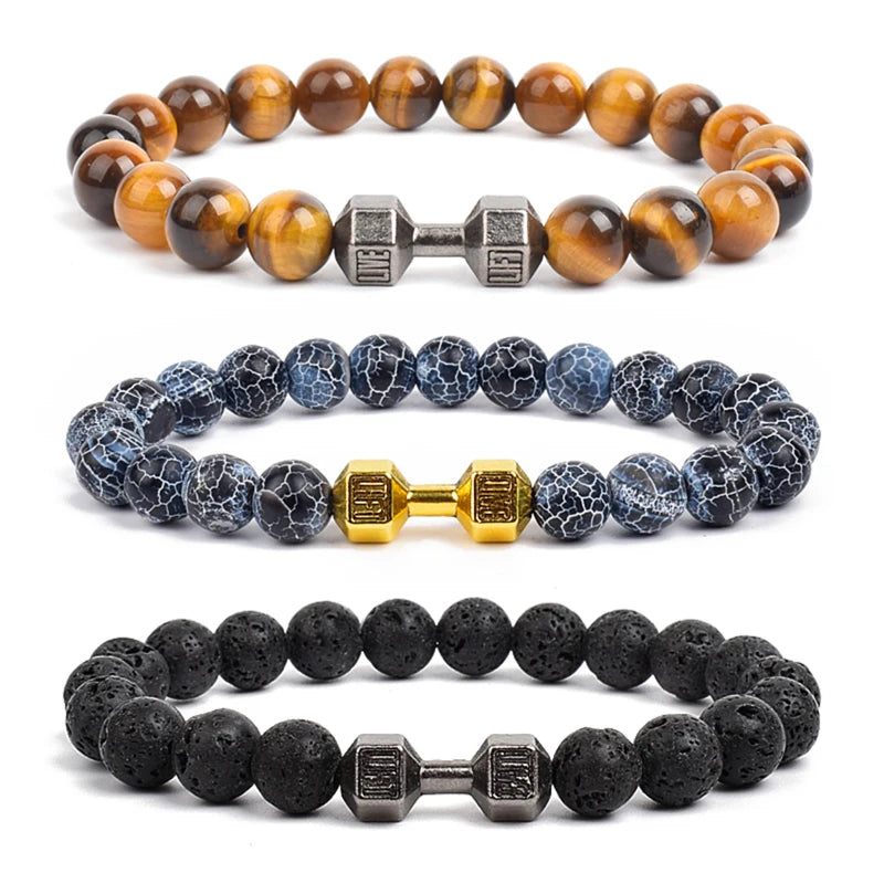 Dumbbells For Men Beads Bracelet Natural Black Volcanic Lava Stone Energy Barbell Fashion Bracelets Bangles Handmade Jewelry