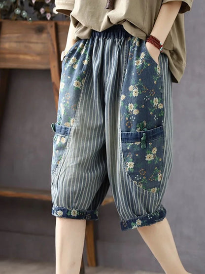 Amax luluE 2025 Summer Fashion Printed Jeans Chinese Women Casual Loose Striped Denim Pants Ladies Floral Vintage Harem Trousers