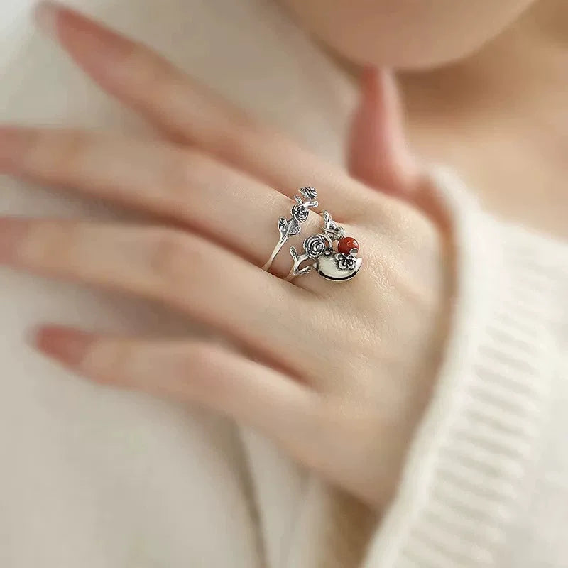 XIYANIK Vintage Red Bead Rose Flower Vine Bird Adjustable Finger Ring For Women Fashion New Jewelry Gift Party Wholesale anillos