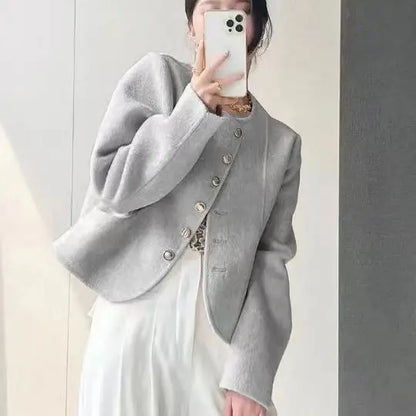 Women's New Round Neck Single-breasted Double-sided Tweed Coat Fashionable Casual and Versatile Elegant Top