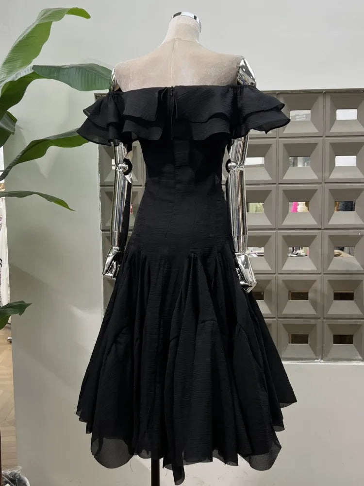 DFDG Women’s Designer Flowy Off-Shoulder Ruffle Solid Color Midi Evening Gown Birthday Party Spring Summer 2025 Womens Dresses