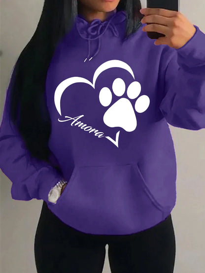Love And Little Cat Foot Creative Print Women Hoody Fashion Autumn Sweatshirt Pocket Hoodie Sport Style Comfortable Pullover