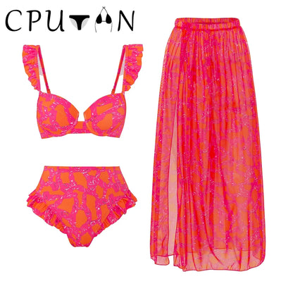 CPUTAN Sexy 2024 Push Up Bikini Set High Waist 3 Piece Swimwear Biquini Swimsuit Vintage Brazilian Bathing Suit Beach Skirt
