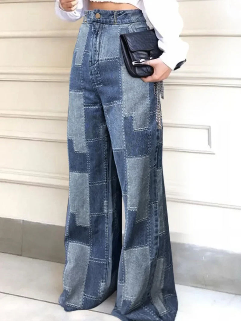 Autumn Clothes Women's Jeans Buttoned Contrast Color Streetwear Pants Wide Leg Loose Female High Waist Denim Trousers  Bottoms